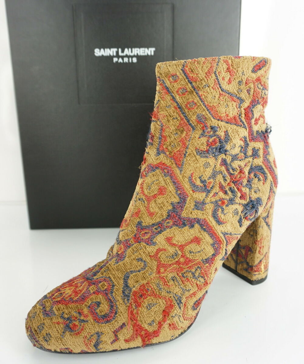 Saint Laurent Loulou Brown Babies Tapestry Ankle Boots Size 39.5 New $995